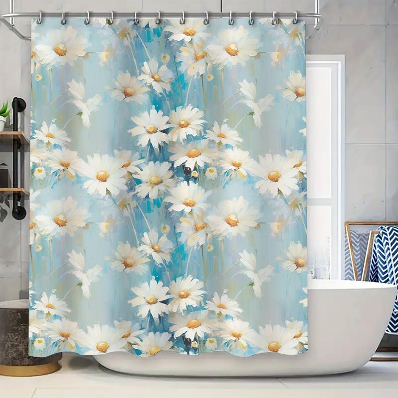 Floral Print Shower Curtain Modern Decorative Waterproof Bath Mat Cover Blue White Daisy Pattern for Bathroom Decoration Size Cu 90x180cm
