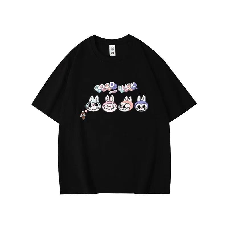 Summer Round Neck Labubu Pattern Printed Top Fashionable Casual Pure Cotton Short Sleeved Women's T-shirts