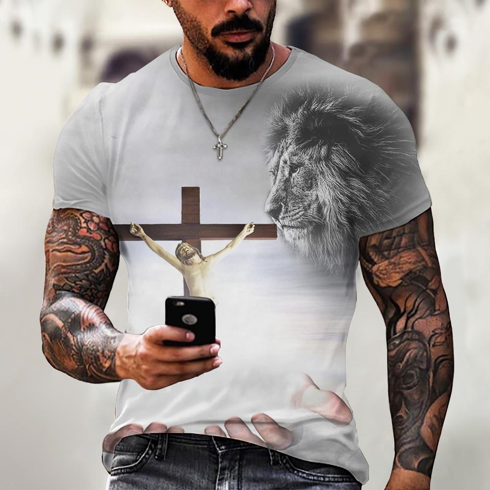 Jesus-Muster Löwe 3D-Druck Sommer Herren O-Ausschnitt T-Shirt Lässig Kurzarm Oversized Pullover Mode Streetwear Herrenbekleidung