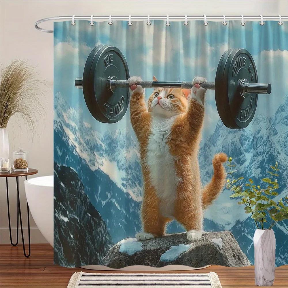 

Рыжий полосатый котенок занавеска для душа, Снежная гора и штанга с Davies , Моющийся полиэстер, Игривая сила декор для ванной W90xH180cm