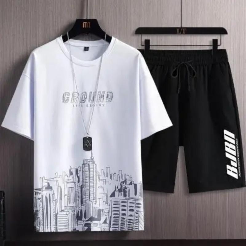 Summer Casual Suit Men's Ultra-thin Quick-dry Ice Silk Short Sleeved T-shirt Sports 5-minute Shorts Running 2-piece Set