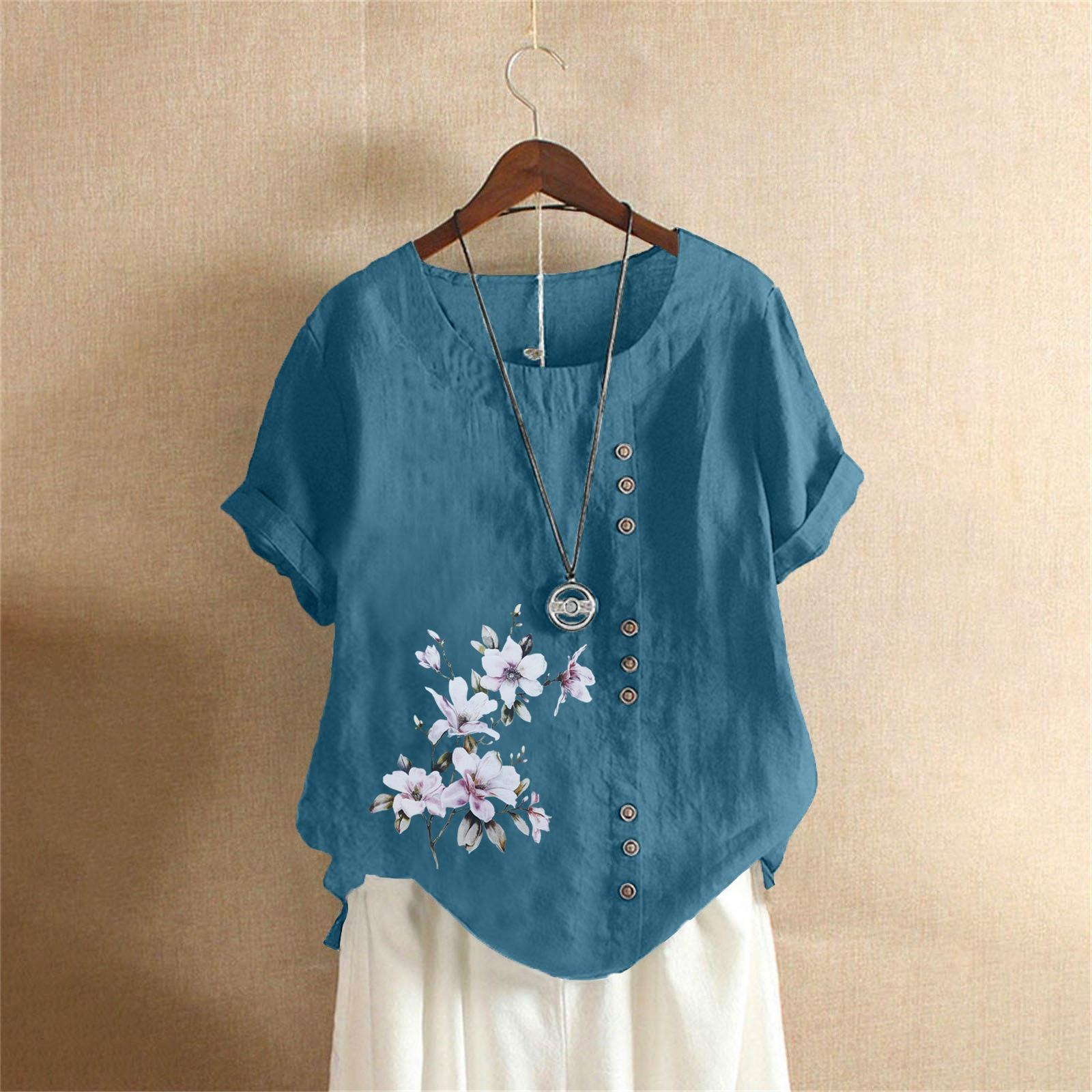 

Cotton and Linen Women s Summer and Autumn Retro Casual Loose Cotton and Linen Short-sleeved T-shirt Cotton and Linen Women s Plus Size 5XL синій