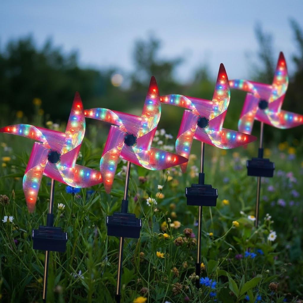 

4 Packs Solar Wind Spinner Lights 8 Modes Color Changing Pinwheel Garden Stake Light Gift for Mom Grandma Kinetic Yard Art Decor