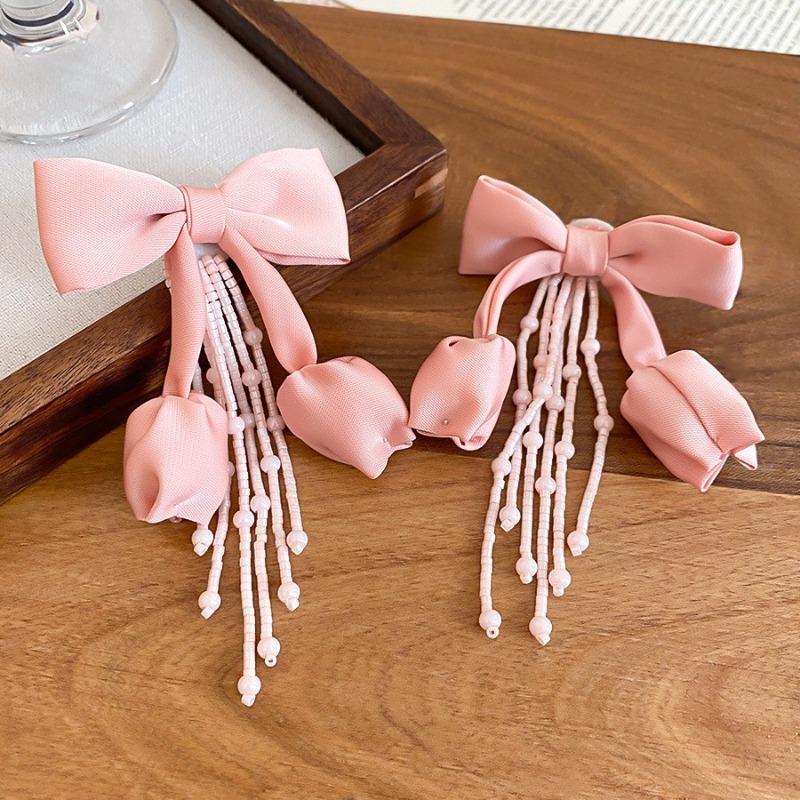Silver Needle Pink Chiffon Flower Fringed Stud Earrings Small Fresh and Sweet Vacation Style Earrings Light Luxury High-end Earrings Women