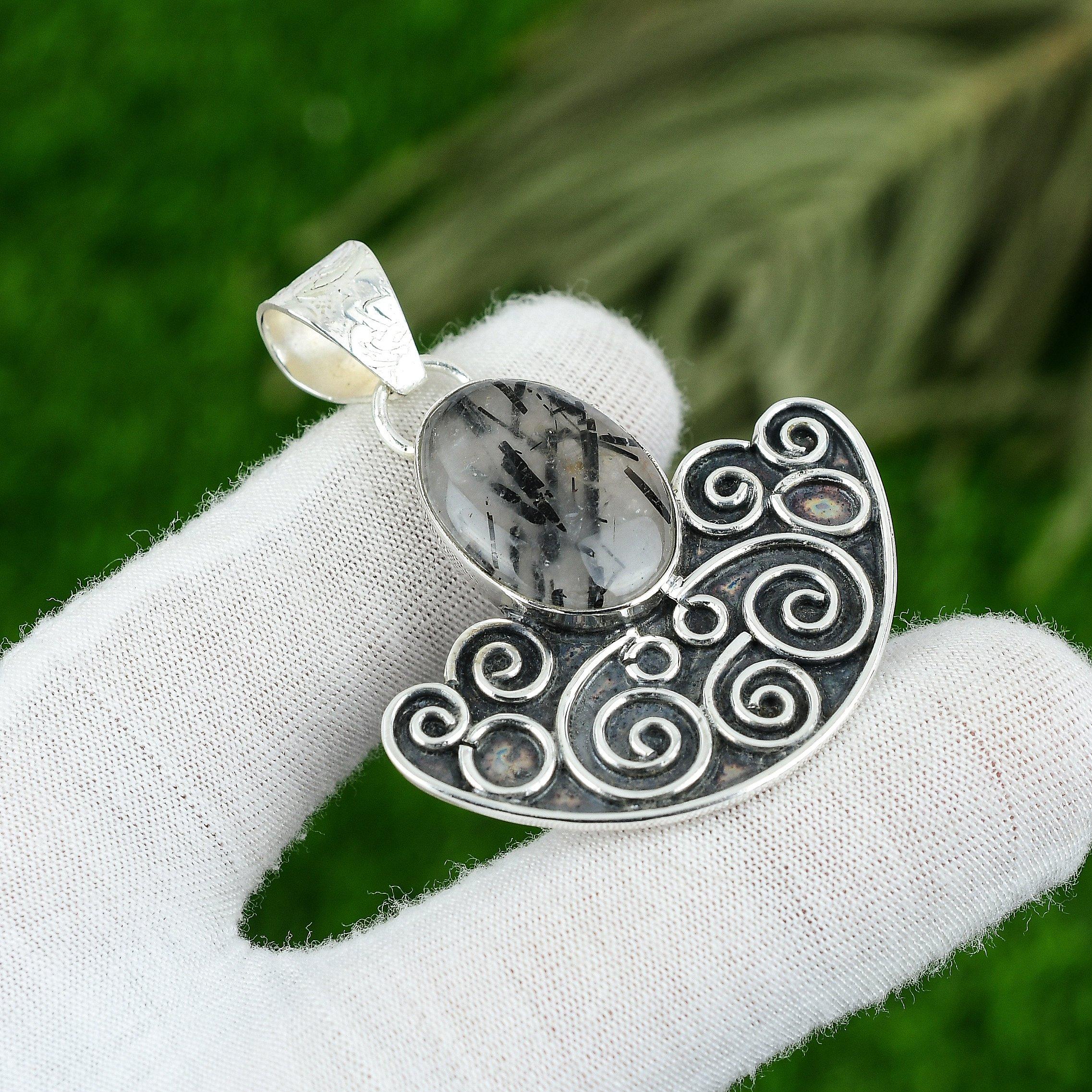 

Oval Black Rutile Gemstone Birthday Art Deco Mother Pendant Jewelry 925 Silver