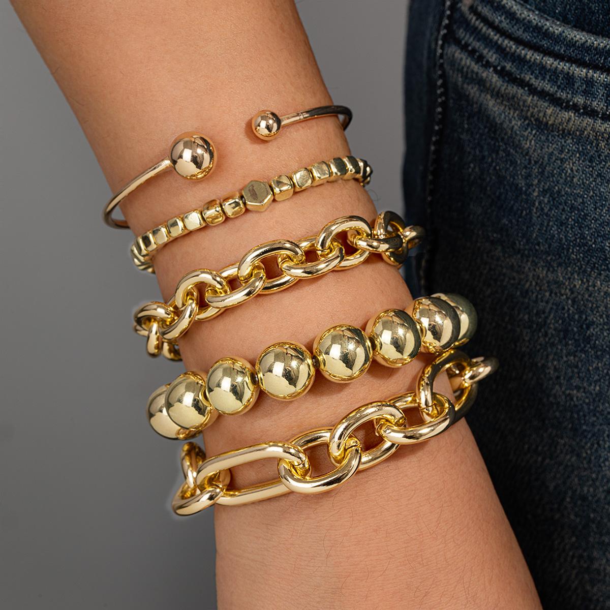 

5-piece Punk Style CCB Round Beaded Bracelet Multi-Layer Stackable Chain Design Open Women s Wristlet