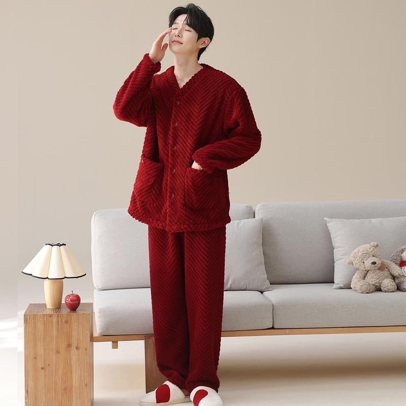 Pajamas Wedding Newlywed Couple Suit Autumn And Winter Coral Fleece Thickened Warm Natal Year Wedding Red Loungewear