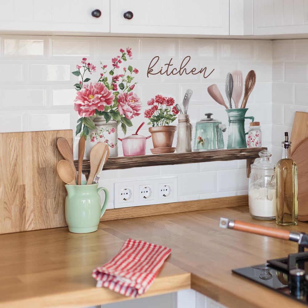 Hand-Painted Spoon and Kitchenware Wall Sticker Rustic Cottage Core Self-Adhesive Decor for Kitchen Dining Room Background