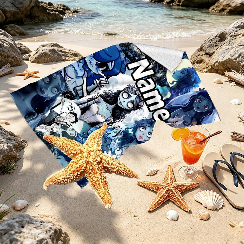 Custom Name Personalized Corpse Bride Print Beach Towel, for Trip Camping Beach Party Home Decor, Birthday Gift for Family & Friends