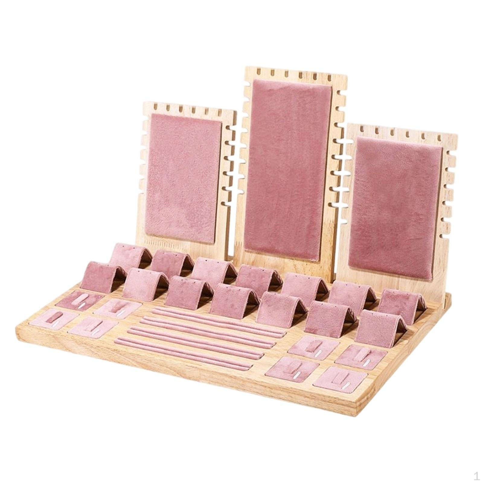 Wood Jewelry Display Rack MultiSection Band and Earring Stand SuedeLike Pink SET