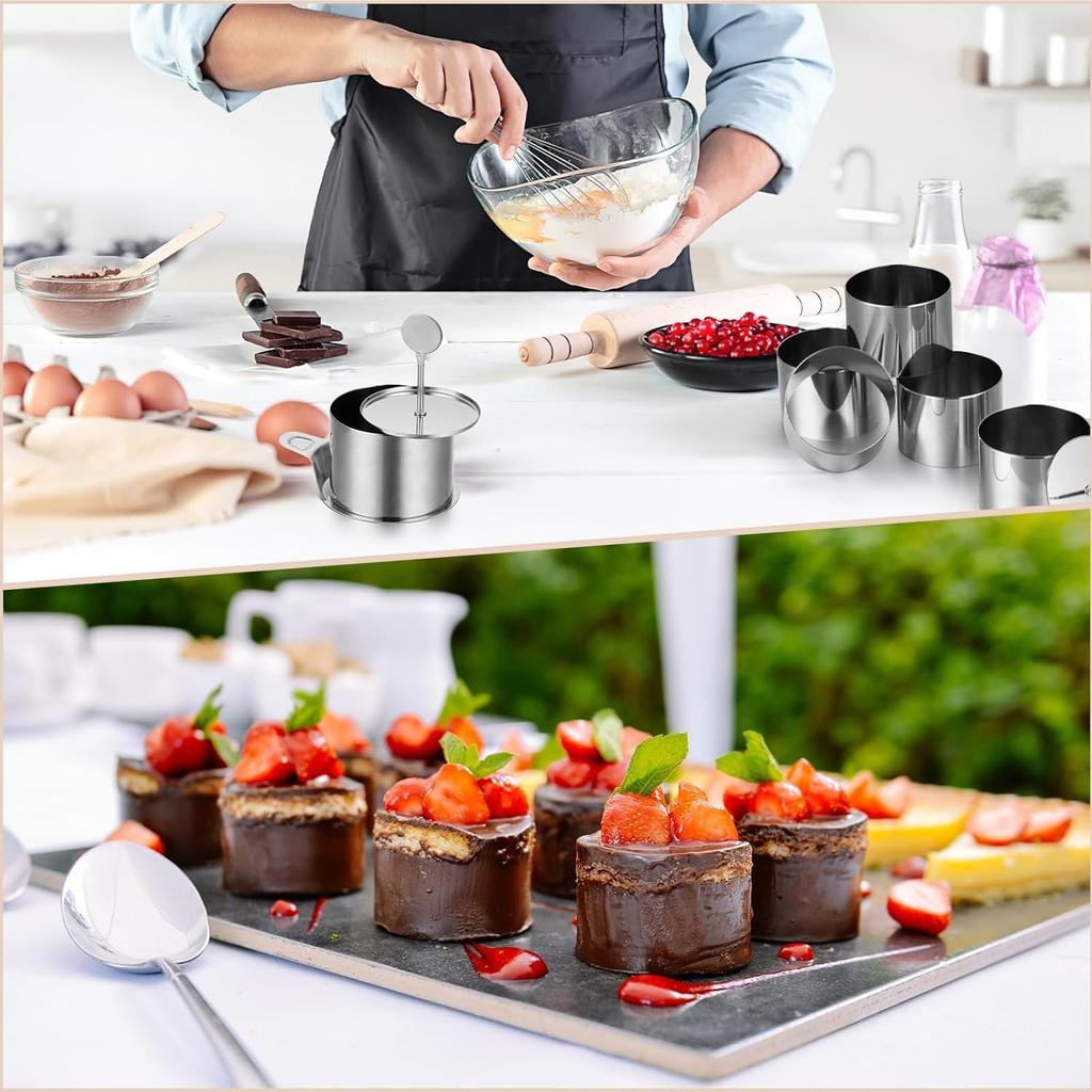 Stainless Steel Round Cake Molds 6-Pack, 7.5cm Mousse Ring Pastry Cutter with Cake Press and Lifter, Baking Ring for Dessert