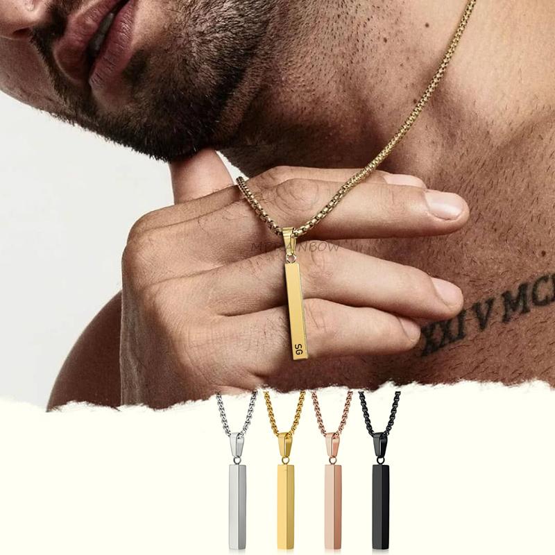 Men Custom Engraving Names Rectangle Bar Necklace, 3D Square Geometric Stainless Steel Pendant Collar Gift Jewelry