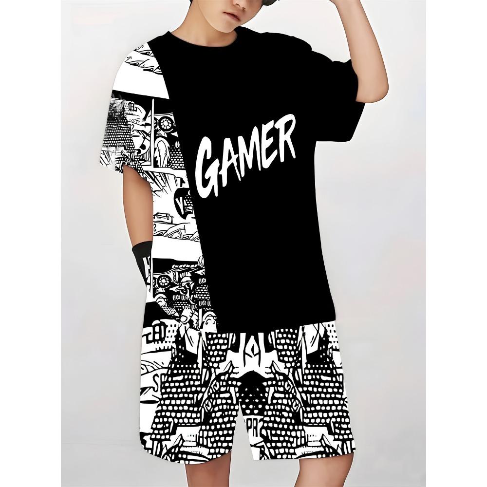 Summer Men's Fashion Personality Letter Printed Short Sleeved Shorts Two-piece Set Outdoor Sports Breathable T-shirt Set