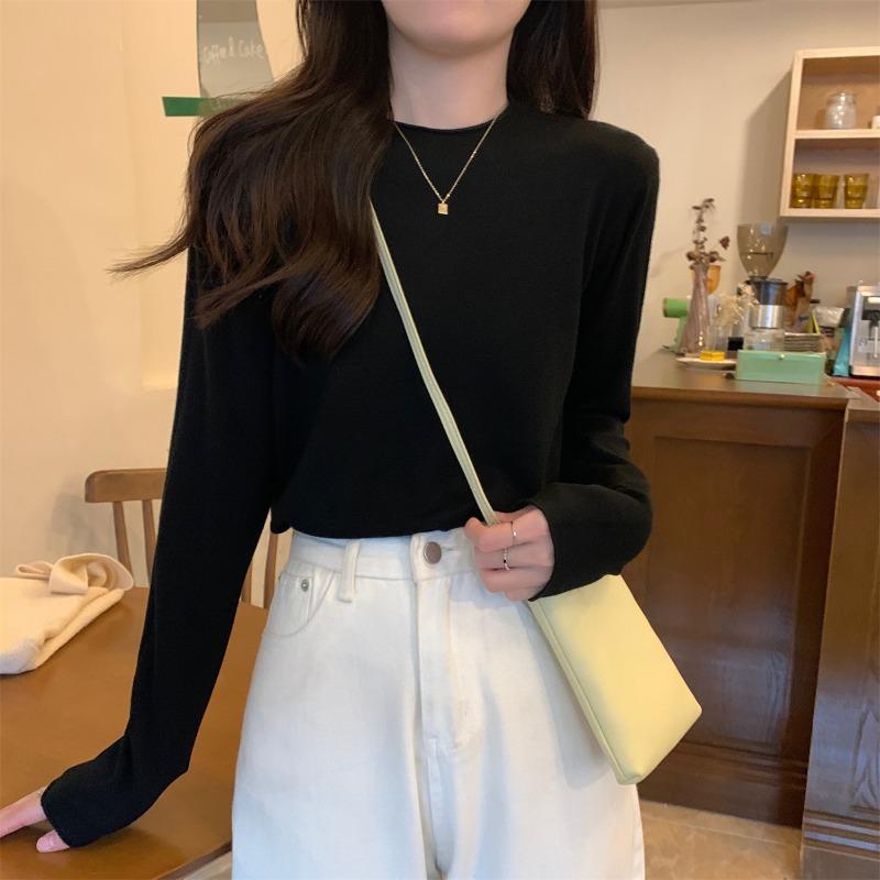 Lazy wind crimped knitted sweater women's early spring simple fashion long-sleeved inner top bottoming shirt
