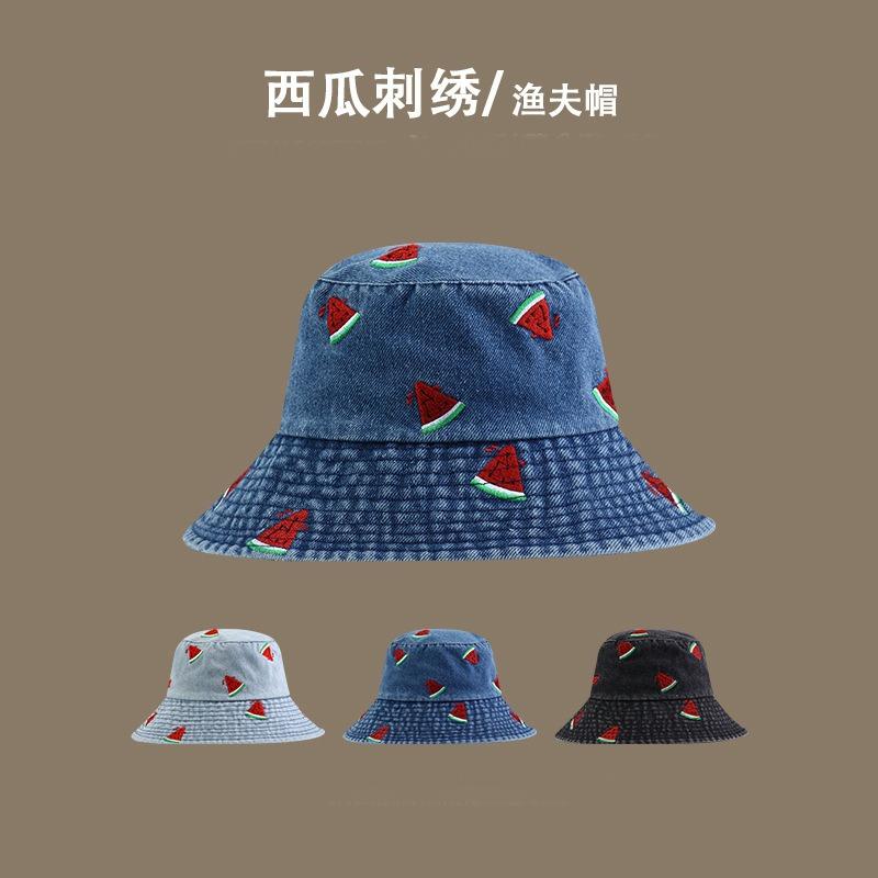 Hat Women's New Watermelon Embroidered Denim Bucket Hat Wide Brim Sunshade Fashionable Versatile Face Small Bucket Hat