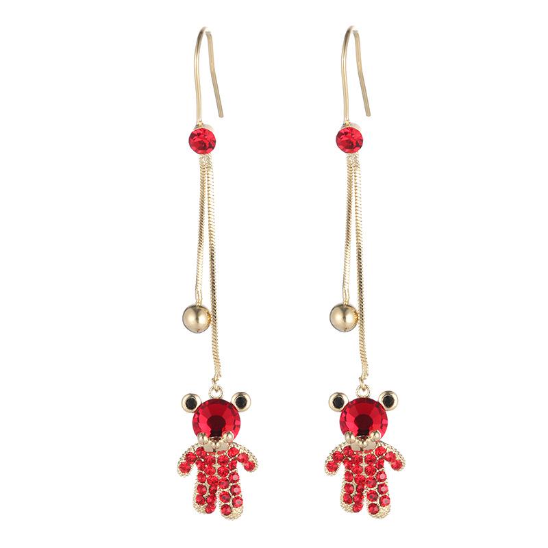 Simple Ruby Geometric Bear Earrings: Cute Diamond-Inlaid Studs, Girlish Niche Jewelry