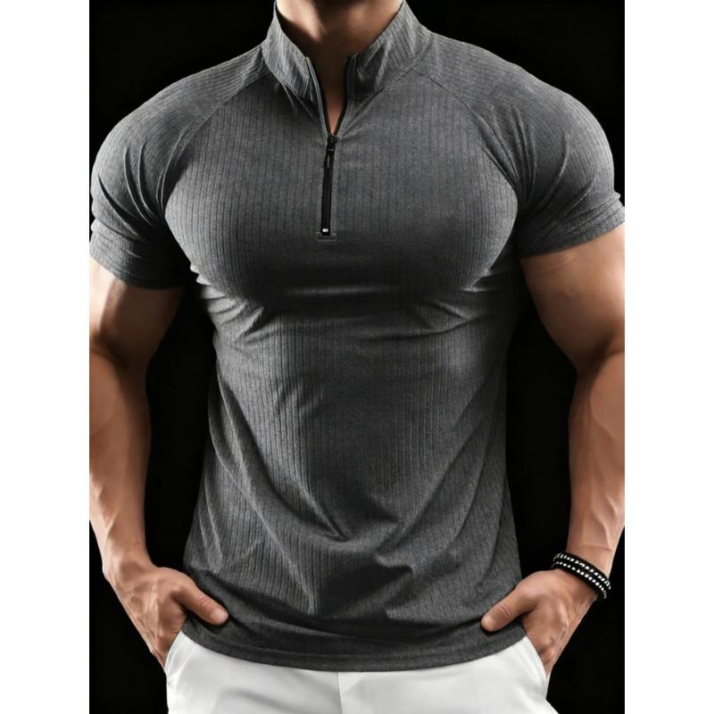 Men European Size Slim Fit Summer Half Zip Short Sleeve Ribbed Polo Shirt