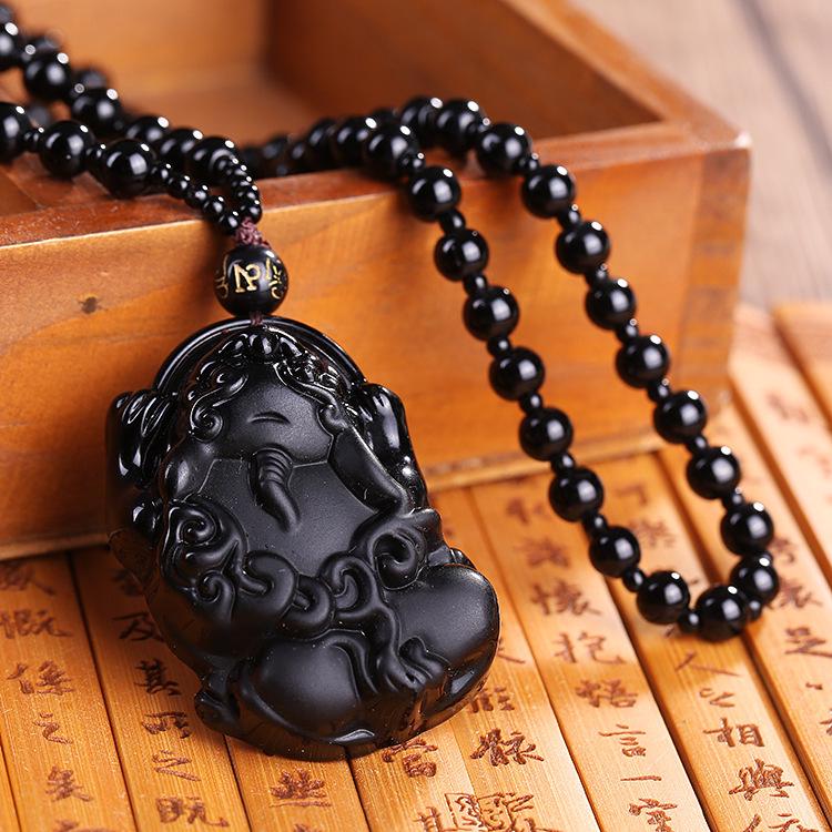 Men's Domineering Pixiu & Dragon Necklace with Guan Yu Pendant - Imitation Obsidian Couples Gift