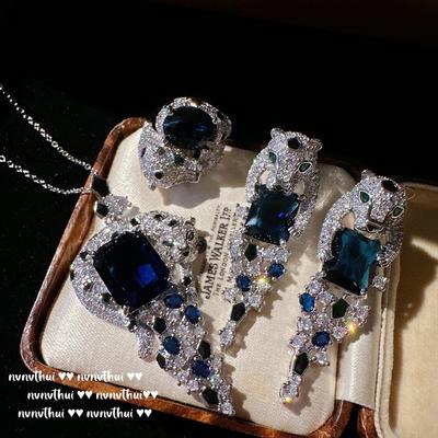 Madagascar Blue Cheetah Gemstone Earrings Antique 18K Gold Plating London Blue Big Carat Zircon Necklace