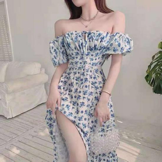 Blue Floral Print Long Skirt - Women s Summer French Style with Split Design L