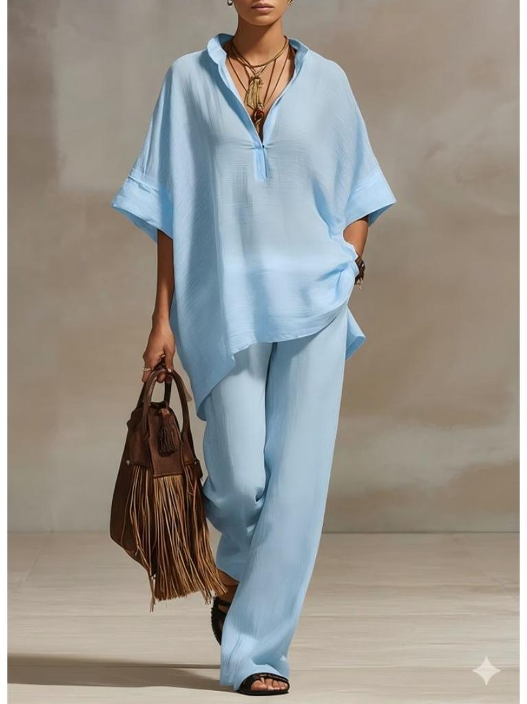 Women's Summer/Fall Casual Relaxed-Fit Solid-Color Shirt and Wide-Leg Pants Set