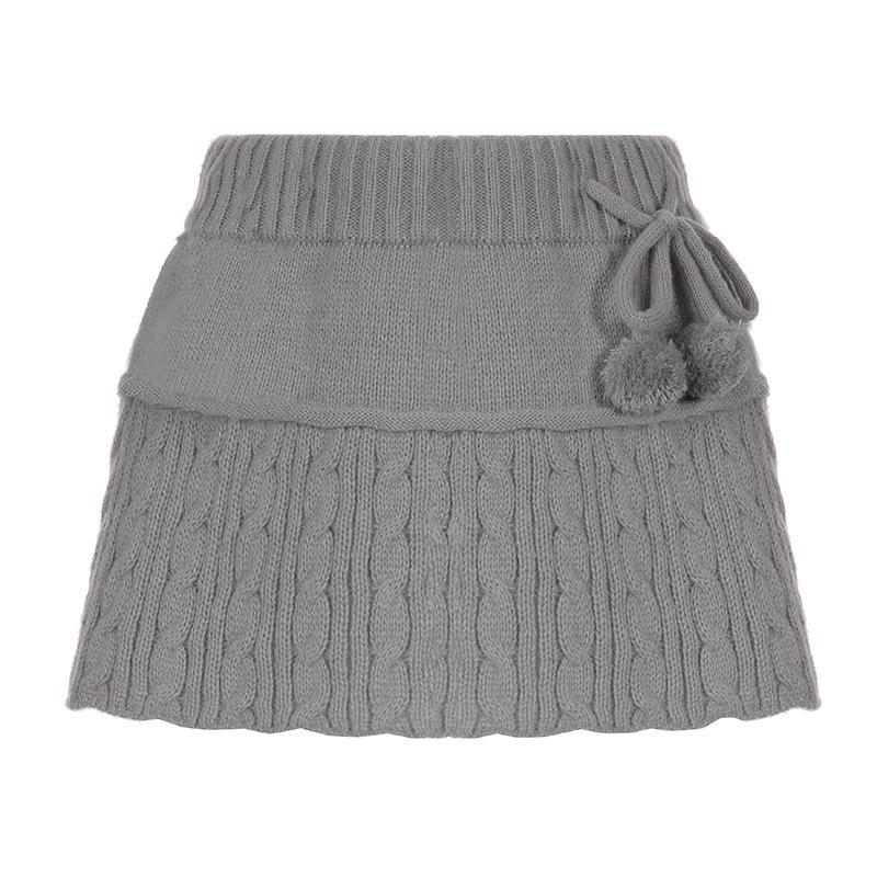 Chunky Knit Woolen Short Skirt with Pom-Pom Decor - Autumn/Winter Fashion L серый