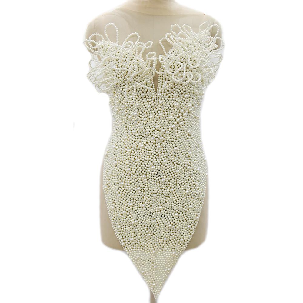 WDP-609  Handmade 3D Wire Rhinestone Bodice Patch Beaded Pearls Appliques for Weeding Dress 41*85cm