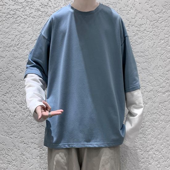 Men Autumn Tops Fake Two-pieced Color Block Pullover Contrast Colors Round Neck Loose Young Style Casual Crew Neck Spring Tops Men Clothes