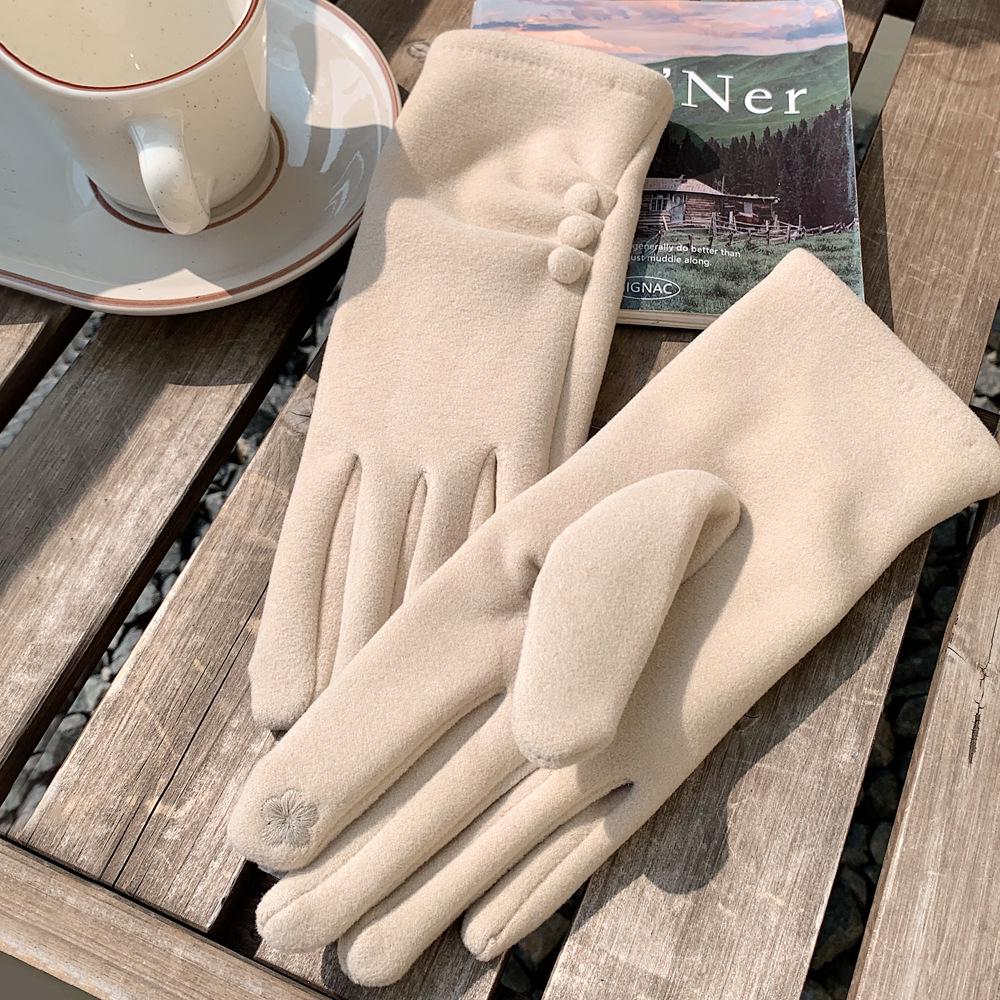 Autumn & Winter Velvet-Lined Solid Color Cycling Gloves with Button Design