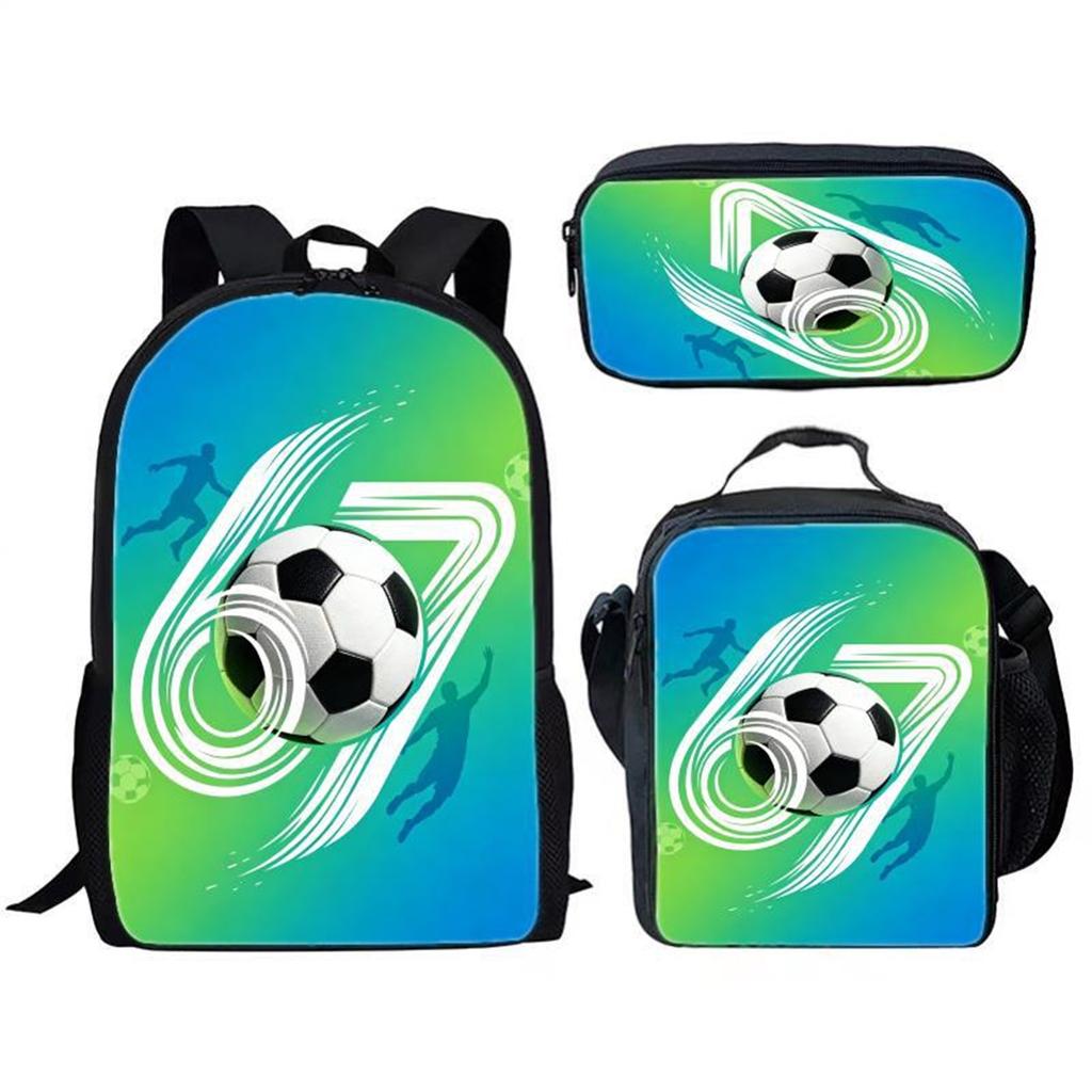 Three Piece Student Backpack Set Includes Backpack Lunch Bag Pencil Case Durable Material Suitable for School Use Sports Theme Design