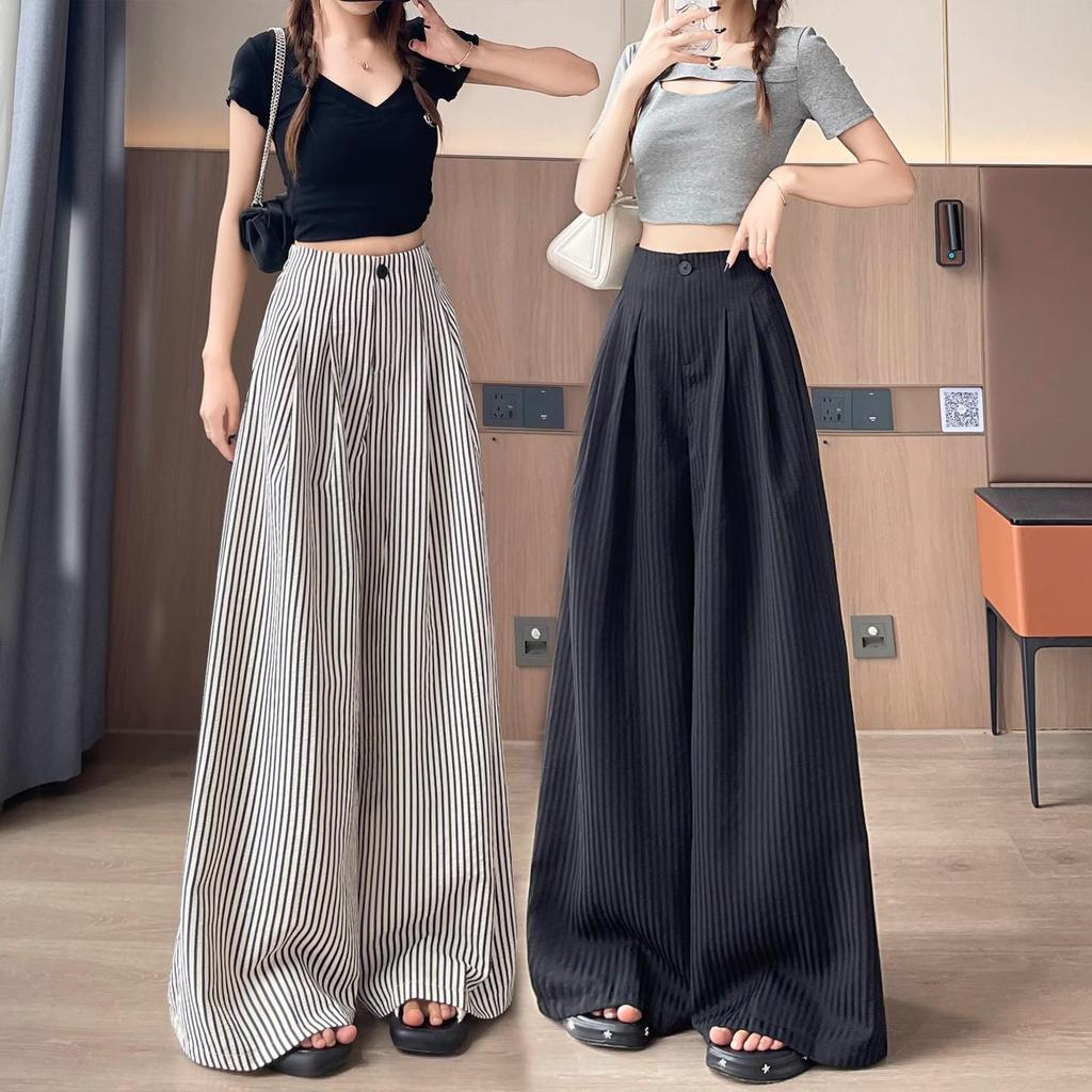 2026 Spring/Autumn Women's High-Waisted Slimming Striped Wide-Leg Floor-Length Pants