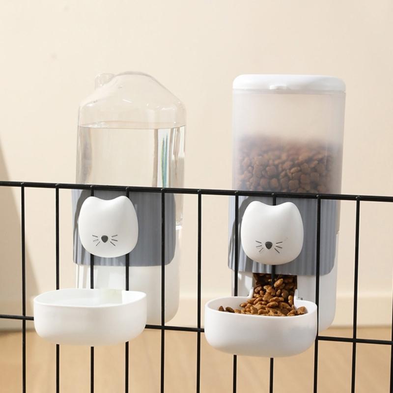 2PCS Cage Mounted Automatic Pet Food Water Dispenser with Cartoon Cats Design Easy Installation For Home Feeding Supply