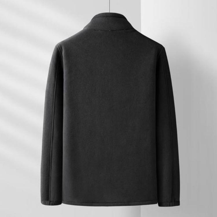 Solid Color Men Coat Stand Collar Cardigan Jacket Polar Fleece Lining Long Sleeve Zipper Placket Daily Wear Outwear