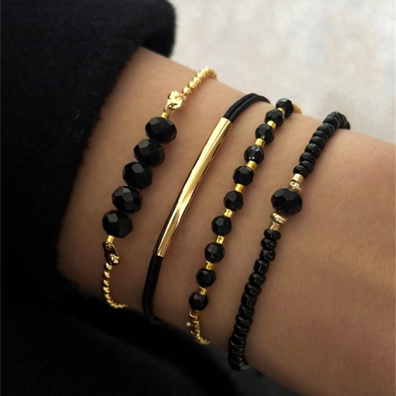 Elegant Black Crystal Imitation Bead Bracelet Set for Women Adjustable Length Handchain Fashion Jewelry Accessories