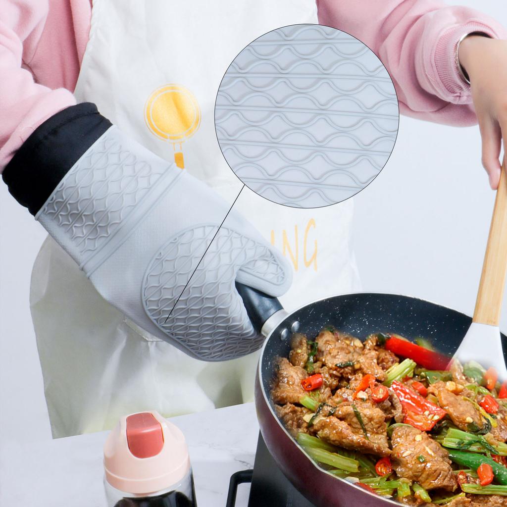 Silicone Oven Gloves Microwave Oven Gloves Heat Resistant Baking Antiscald Thickened Baking Gloves Gray