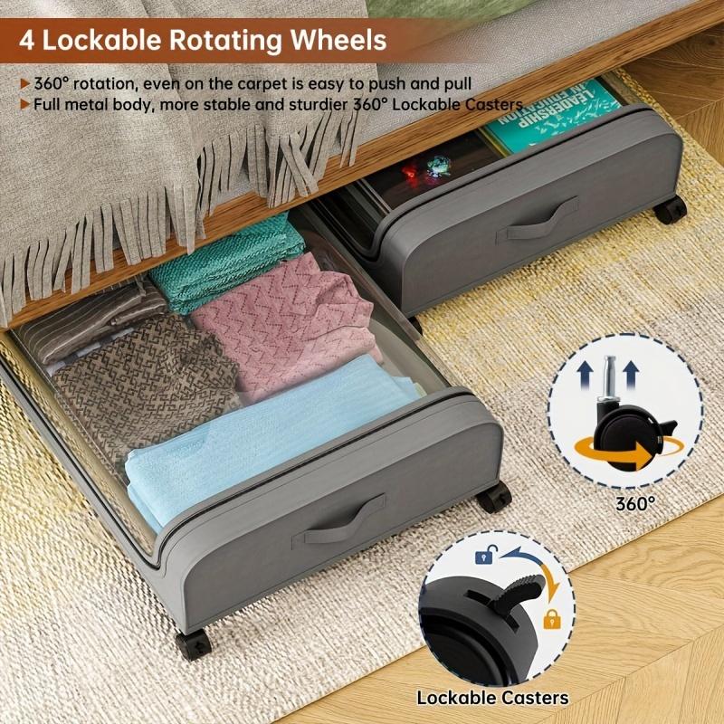 Under Bed Storage Organizer - Underbed Bins With Wheels And Lid For Clothes Bedding Shoes Blankets Books Toys Home Organization