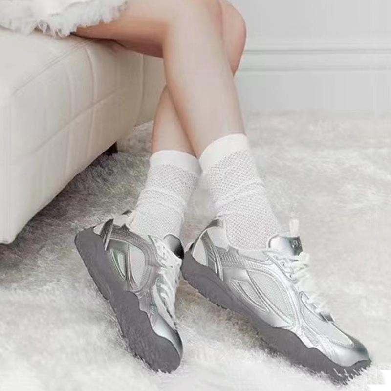 Outdoor Walking Jogging Athletic Running Shoes Strapped Casual Shoes Women Sneakers Vintage Leather Knitted Fabric Trainers
