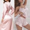 Female Sleepwear Pajamas Three-Piece Set Spring Summer Kimono Bathrobe Strap Top&Shorts Pijamas Suit Sexy Loose Satin Home Wear