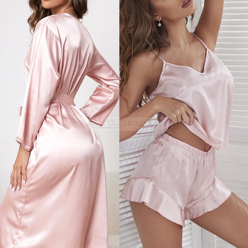 Female Sleepwear Pajamas Three-Piece Set Spring Summer Kimono Bathrobe Strap Top&Shorts Pijamas Suit Sexy Loose Satin Home Wear