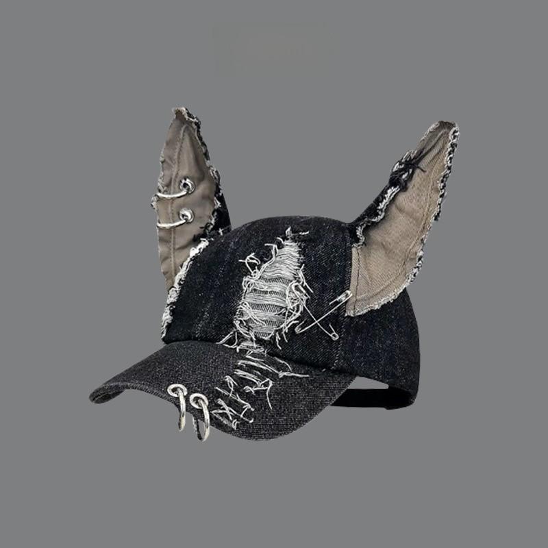 Y2k Postapocalyptic Style Denim Distressed Cap With Sun Protection For Streetwear Enthusiasts