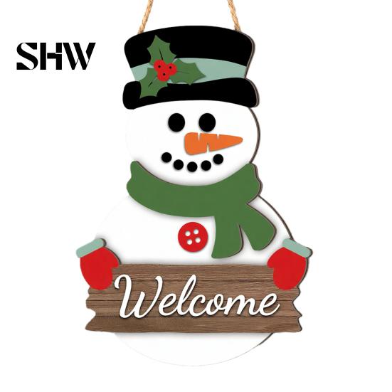Rustic Christmas Home Accents 2D Wooden Welcome Hanging Sign, Cartoon Santa Snowman Tree Winter Seasonal Ornament Door Hanger with Rope, Xmas