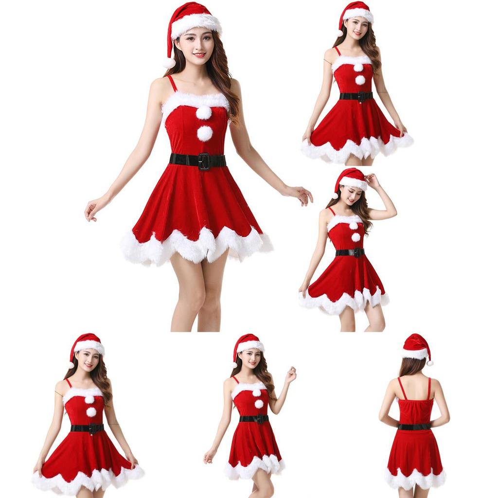 Red Velvet Women Christmas Costume With Soft Touch Santa Claus Dress And Hat