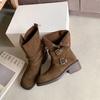 Cowhide Version~ 5cm Heightened Maillard Thick Heel Thick-soled Medium Boots Women's Autumn and Winter Leather Buckle Martin Boots Short Boots
