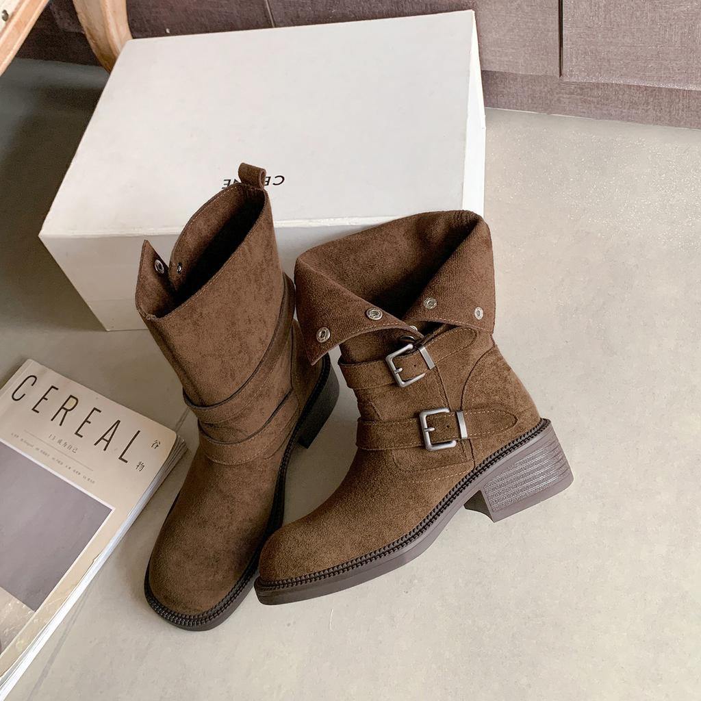 Cowhide Version~ 5cm Heightened Maillard Thick Heel Thick-soled Medium Boots Women's Autumn and Winter Leather Buckle Martin Boots Short Boots