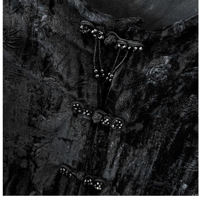 Retro Button Stitched Round Pullover Shirt with Long Sleeves Fashionable Gold Velvet Women's Top