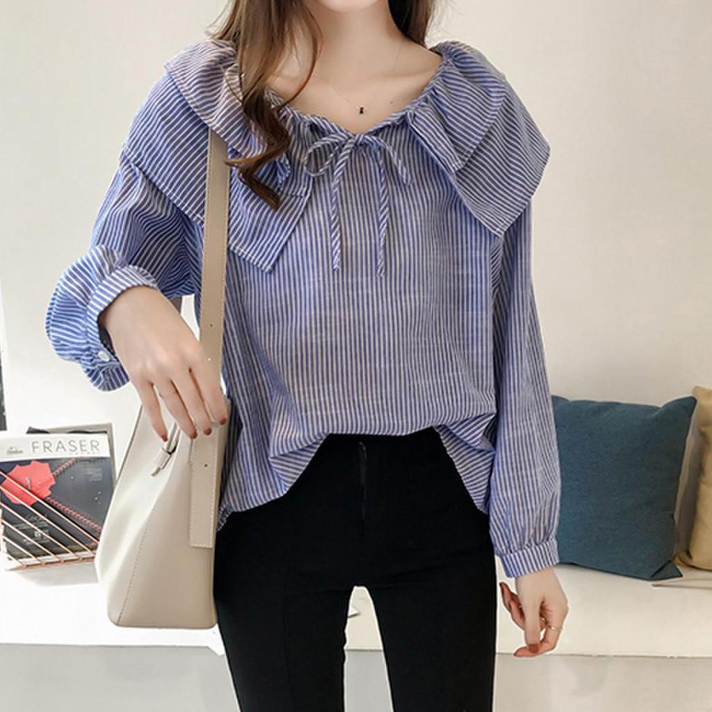 Fashion Women Casual Striped Ladies Long Sleeve Ruffles Loose Tops