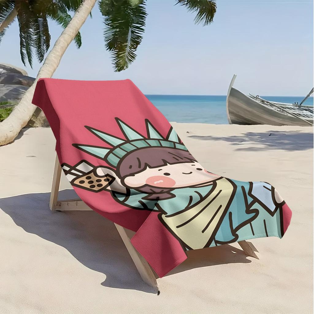 Fun cartoon-style Statue of Liberty polyester microfiber beach towel is highly absorbent suitable for swimming and beach outings