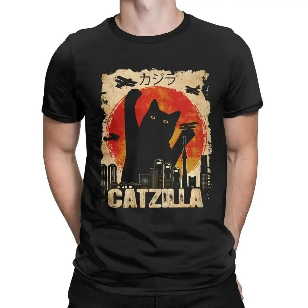 Catzilla Monsters Kätzchen T-Shirts Herren Damen Rundhals Reine Baumwolle Tees Anime Schwarze Katze Lässig Kurzarm Partnerlook Oberteile