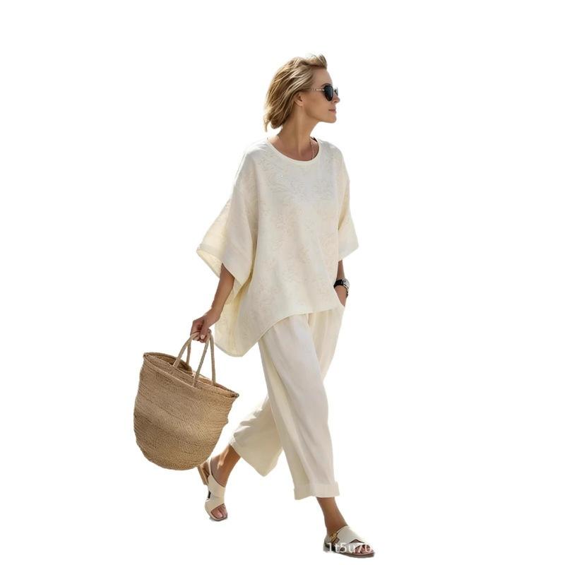 Clothing Bohemian Casual Suit 1116 Vintage Printed Wide Leg Pants Beach Vacation Ladies Two-piece Set
