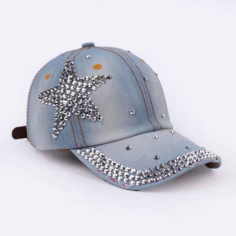 Damen Strass Denim Baseballkappe - Paris Schriftzug Sonnenhut
